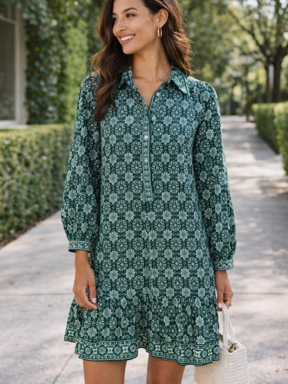 Max Studio Green Patterned Long-Sleeve Shirt Dress